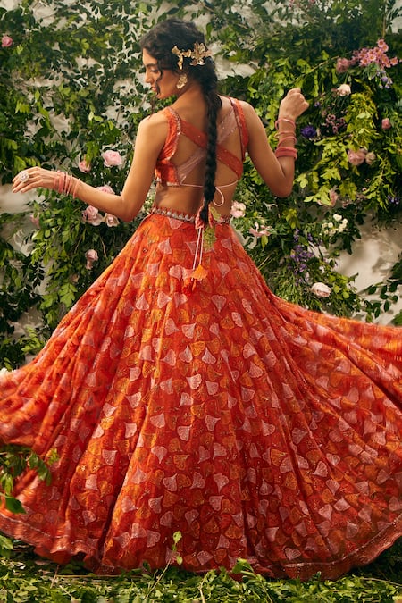 Shop Tuhina Srivastava Orange Silk Organza, Tulle, Silk, Ramie Embroidery, Floral Resham Lehenga Set at Aza Fashions Shop_Tuhina Srivastava_Orange Silk Organza, Tulle, Silk, Ramie Embroidery, Floral Resham Lehenga Set _at_Aza_Fashions