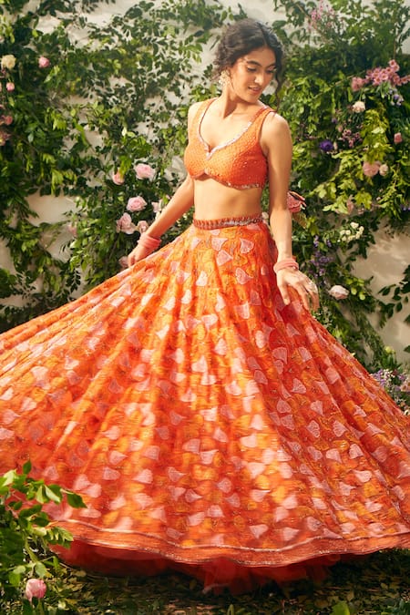 Tuhina Srivastava Orange Silk Organza, Tulle, Silk, Ramie Embroidery, Floral Resham Lehenga Set Online at Aza Fashions Tuhina Srivastava_Orange Silk Organza, Tulle, Silk, Ramie Embroidery, Floral Resham Lehenga Set _Online_at_Aza_Fashions