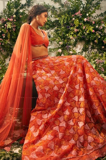 Shop Tuhina Srivastava Orange Silk Organza, Tulle, Silk, Ramie Embroidery, Floral Resham Lehenga Set Shop_Tuhina Srivastava_Orange Silk Organza, Tulle, Silk, Ramie Embroidery, Floral Resham Lehenga Set