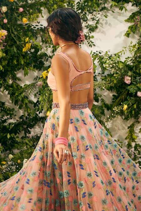 Shop Tuhina Srivastava Pink , Organza, Tulle, Floral Bridal Lehenga Velvet Blouse Set at Aza Fashions Shop_Tuhina Srivastava_Pink , Organza, Tulle, Floral Bridal Lehenga Velvet Blouse Set _at_Aza_Fashions