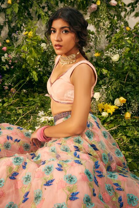 Tuhina Srivastava Pink , Organza, Tulle, Floral Bridal Lehenga Velvet Blouse Set Online at Aza Fashions Tuhina Srivastava_Pink , Organza, Tulle, Floral Bridal Lehenga Velvet Blouse Set _Online_at_Aza_Fashions
