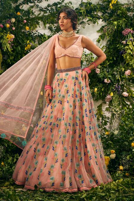 Buy Tuhina Srivastava Pink , Organza, Tulle, Floral Bridal Lehenga Velvet Blouse Set Online at Aza Fashions Buy_Tuhina Srivastava_Pink , Organza, Tulle, Floral Bridal Lehenga Velvet Blouse Set _Online_at_Aza_Fashions