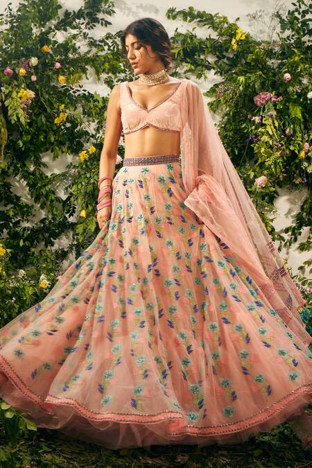 Tuhina Srivastava Pink , Organza, Tulle, Floral Bridal Lehenga Velvet Blouse Set at Aza Fashions Tuhina Srivastava_Pink , Organza, Tulle, Floral Bridal Lehenga Velvet Blouse Set _at_Aza_Fashions