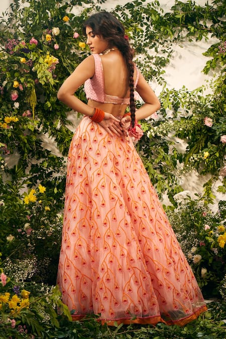 Shop Tuhina Srivastava Pink Silk Organza, Tulle, Rayon Beads, Embroidery V-neck Tulip Lehenga Set at Aza Fashions Shop_Tuhina Srivastava_Pink Silk Organza, Tulle, Rayon Beads, Embroidery V-neck Tulip Lehenga Set _at_Aza_Fashions