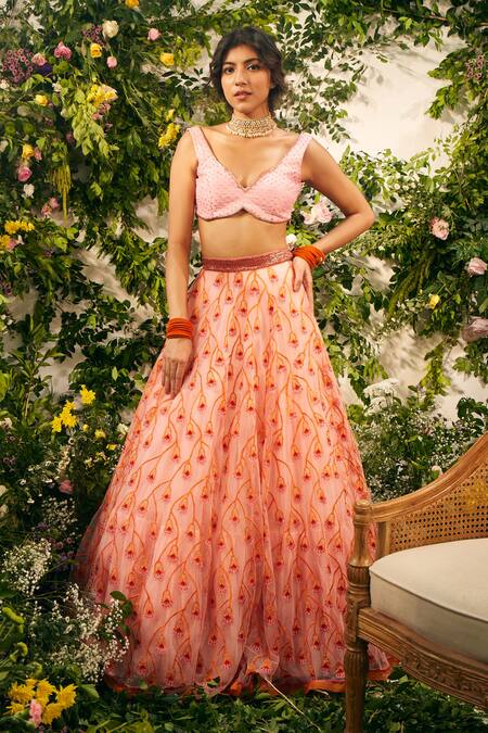 Tuhina Srivastava Pink Silk Organza, Tulle, Rayon Beads, Embroidery V-neck Tulip Lehenga Set Online at Aza Fashions Tuhina Srivastava_Pink Silk Organza, Tulle, Rayon Beads, Embroidery V-neck Tulip Lehenga Set _Online_at_Aza_Fashions