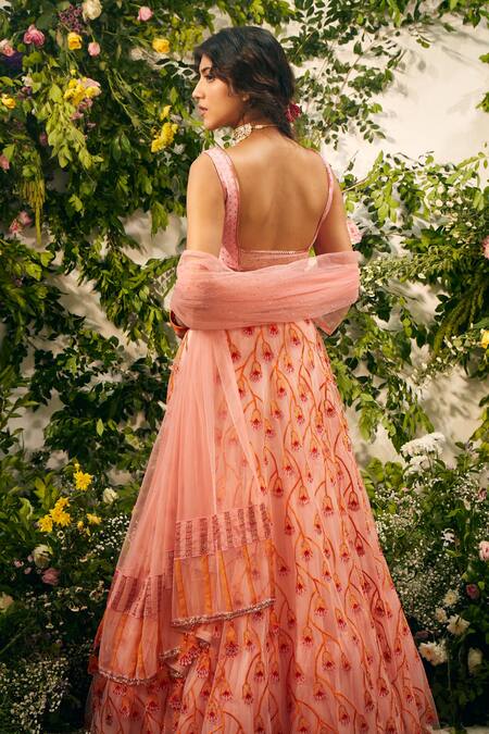 Tuhina Srivastava Pink Silk Organza, Tulle, Rayon Beads, Embroidery V-neck Tulip Lehenga Set at Aza Fashions Tuhina Srivastava_Pink Silk Organza, Tulle, Rayon Beads, Embroidery V-neck Tulip Lehenga Set _at_Aza_Fashions