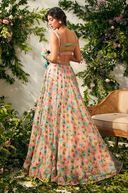 Shop Tuhina Srivastava Pink Tulle, Organza, Satin, , Velvet Resham Blouse Lehenga Set at Aza Fashions Shop_Tuhina Srivastava_Pink Tulle, Organza, Satin, , Velvet Resham Blouse Lehenga Set _at_Aza_Fashions