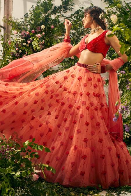 Buy Tuhina Srivastava Red , Velvet, Tulle, Organza, Satin Floral Embroidered Lehenga Set Online at Aza Fashions Buy_Tuhina Srivastava_Red , Velvet, Tulle, Organza, Satin Floral Embroidered Lehenga Set _Online_at_Aza_Fashions