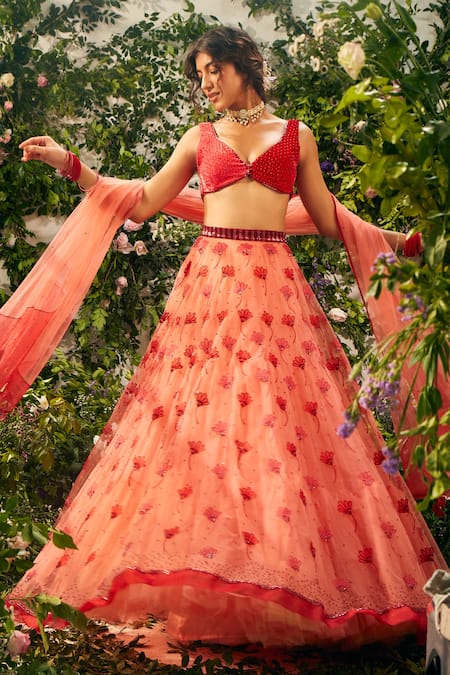 Shop Tuhina Srivastava Red , Velvet, Tulle, Organza, Satin Floral Embroidered Lehenga Set Online at Aza Fashions Shop_Tuhina Srivastava_Red , Velvet, Tulle, Organza, Satin Floral Embroidered Lehenga Set _Online_at_Aza_Fashions