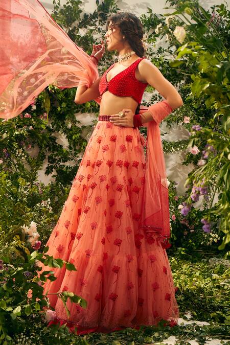 Tuhina Srivastava Red , Velvet, Tulle, Organza, Satin Floral Embroidered Lehenga Set at Aza Fashions Tuhina Srivastava_Red , Velvet, Tulle, Organza, Satin Floral Embroidered Lehenga Set _at_Aza_Fashions