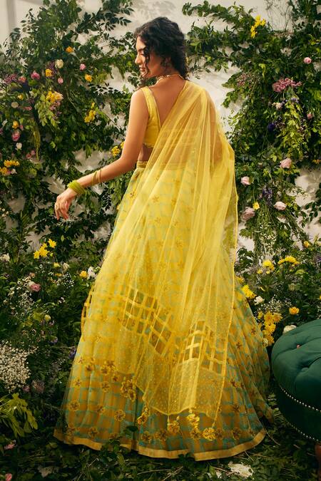Shop Tuhina Srivastava Yellow Tulle, Organza, Satin, Floral And Geometric Lehenga Set at Aza Fashions Shop_Tuhina Srivastava_Yellow Tulle, Organza, Satin, Floral And Geometric Lehenga Set_at_Aza_Fashions