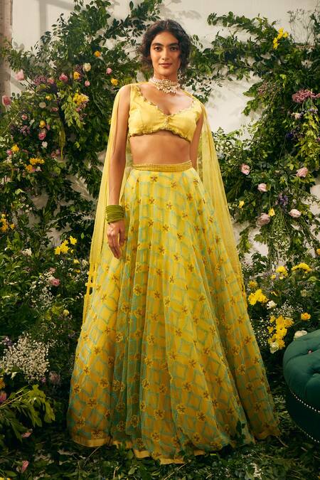 Tuhina Srivastava Yellow Tulle, Organza, Satin, Floral And Geometric Lehenga Set Online at Aza Fashions Tuhina Srivastava_Yellow Tulle, Organza, Satin, Floral And Geometric Lehenga Set_Online_at_Aza_Fashions