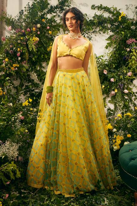 Shop Tuhina Srivastava Yellow Tulle, Organza, Satin, Floral And Geometric Lehenga Set Online at Aza Fashions Shop_Tuhina Srivastava_Yellow Tulle, Organza, Satin, Floral And Geometric Lehenga Set_Online_at_Aza_Fashions