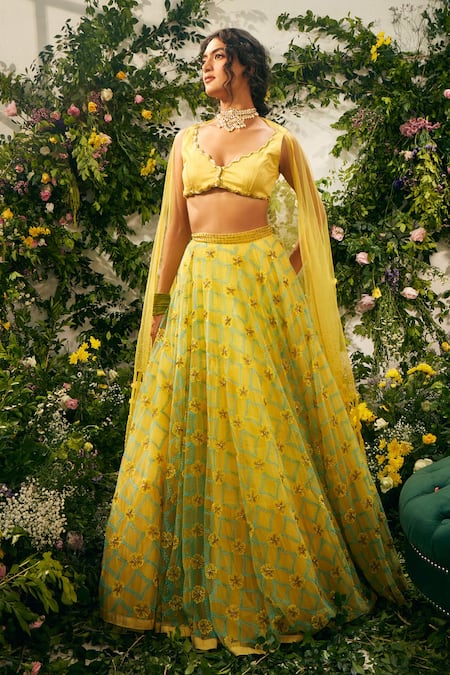Tuhina Srivastava Yellow Tulle, Organza, Satin, Floral And Geometric Lehenga Set at Aza Fashions Tuhina Srivastava_Yellow Tulle, Organza, Satin, Floral And Geometric Lehenga Set_at_Aza_Fashions