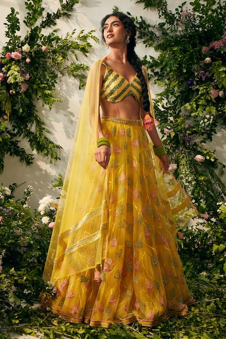 Pastel Yellow Floral Embroidered Lehenga in Georgette