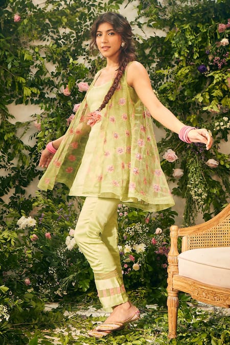 Shop_Tuhina Srivastava_Green Organza, Satin, Embroidery, Beads Floral Jacket And Pant Set _Online_at_Aza_Fashions