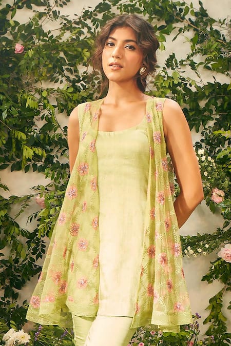 Buy_Tuhina Srivastava_Green Organza, Satin, Embroidery, Beads Floral Jacket And Pant Set 