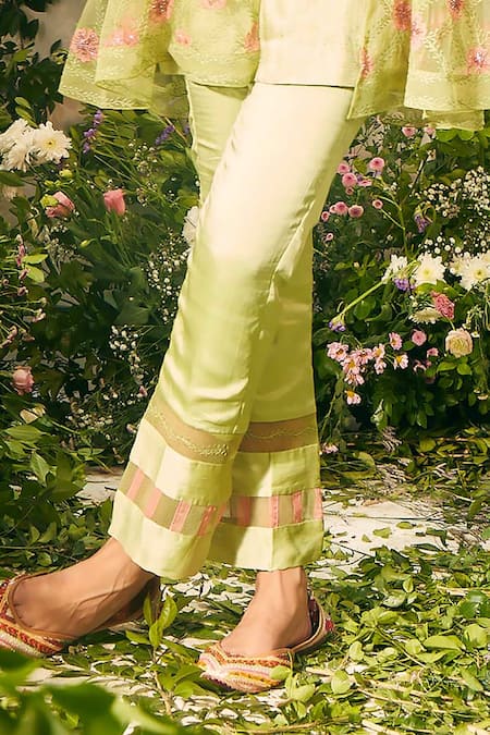 Shop_Tuhina Srivastava_Green Organza, Satin, Embroidery, Beads Floral Jacket And Pant Set 