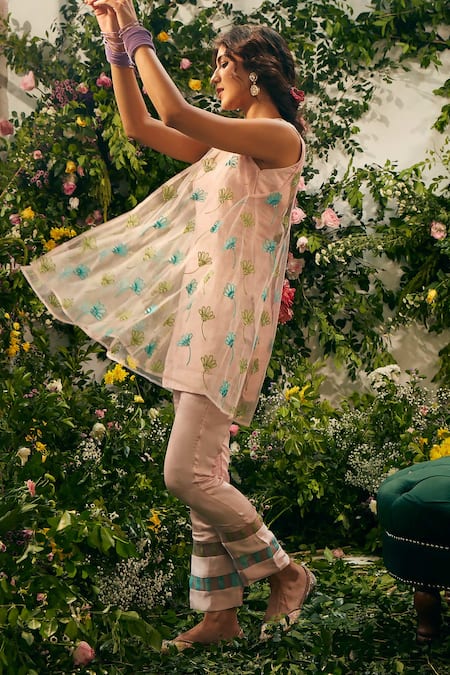 Shop Tuhina Srivastava Pink Organza, Tulle, Embroidery, Beads Square Neck Jacket And Pant Set Shop_Tuhina Srivastava_Pink Organza, Tulle, Embroidery, Beads Square Neck Jacket And Pant Set