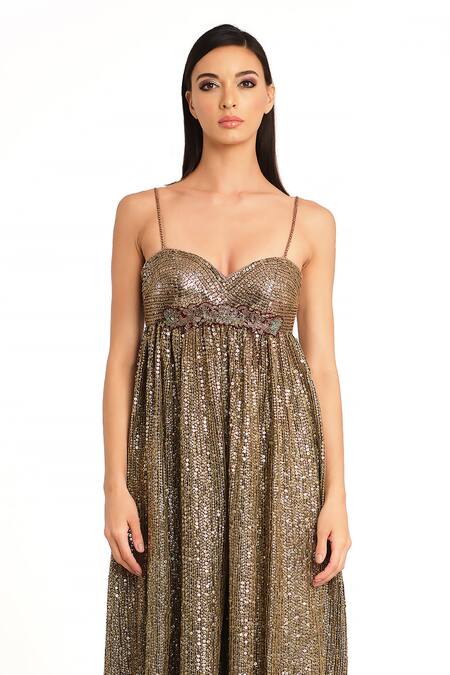 Rocky Star_Gold Net Sequins, Zari, Applique Sweetheart Neck Metallic Embroidered Jumpsuit_Online_at_Aza_Fashions