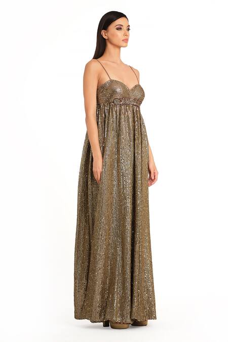 Shop_Rocky Star_Gold Net Sequins, Zari, Applique Sweetheart Neck Metallic Embroidered Jumpsuit_Online_at_Aza_Fashions