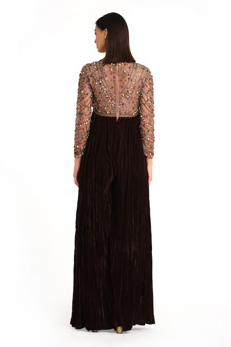Shop Rocky Star Brown Velvet Beads, Stones, Sequins V-neck Embroidered Yoke Jumpsuit at Aza Fashions Shop_Rocky Star_Brown Velvet Beads, Stones, Sequins V-neck Embroidered Yoke Jumpsuit _at_Aza_Fashions