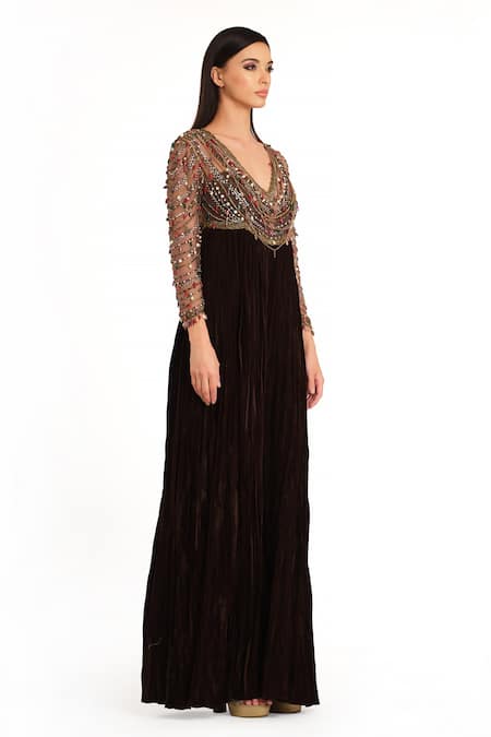 Rocky Star Brown Velvet Beads, Stones, Sequins V-neck Embroidered Yoke Jumpsuit Online at Aza Fashions Rocky Star_Brown Velvet Beads, Stones, Sequins V-neck Embroidered Yoke Jumpsuit _Online_at_Aza_Fashions