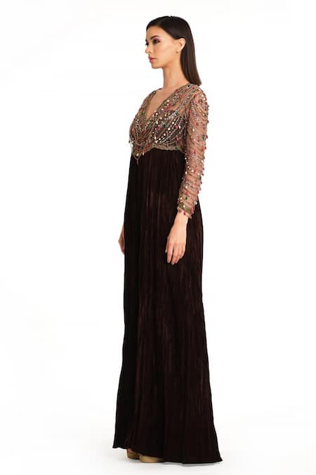 Buy Rocky Star Brown Velvet Beads, Stones, Sequins V-neck Embroidered Yoke Jumpsuit Online at Aza Fashions Buy_Rocky Star_Brown Velvet Beads, Stones, Sequins V-neck Embroidered Yoke Jumpsuit _Online_at_Aza_Fashions