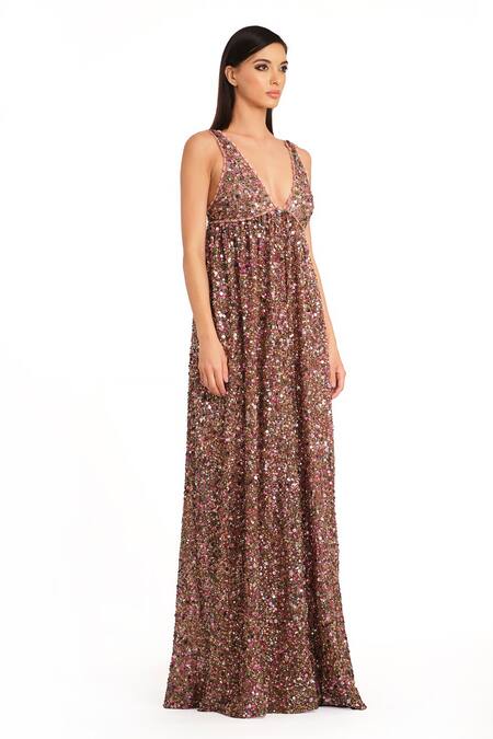 Rocky Star_Multi Color Net Sequins Plunge Neck Shimmer Embroidered Jumpsuit_Online_at_Aza_Fashions