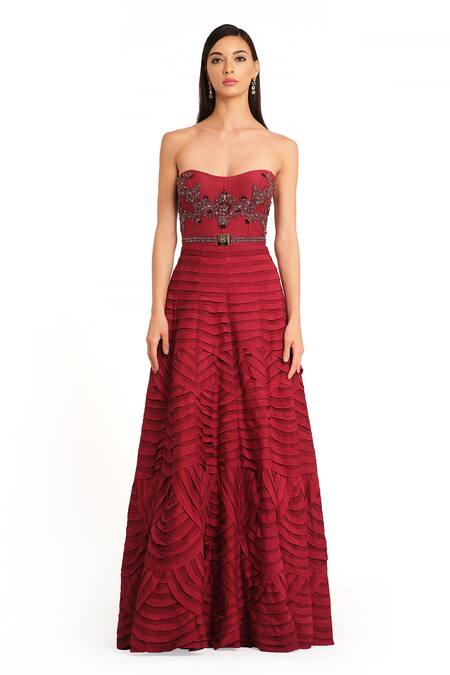 Buy Rocky Star Red Net, Silk Embroidery, Sequins Sweetheart Neck Frill Layered Gown at Aza Fashions Buy_Rocky Star_Red Net, Silk Embroidery, Sequins Sweetheart Neck Frill Layered Gown_at_Aza_Fashions