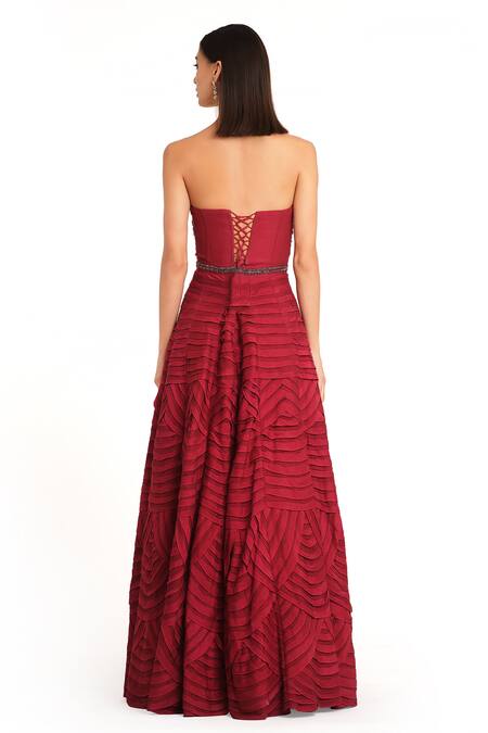 Shop Rocky Star Red Net, Silk Embroidery, Sequins Sweetheart Neck Frill Layered Gown at Aza Fashions Shop_Rocky Star_Red Net, Silk Embroidery, Sequins Sweetheart Neck Frill Layered Gown_at_Aza_Fashions