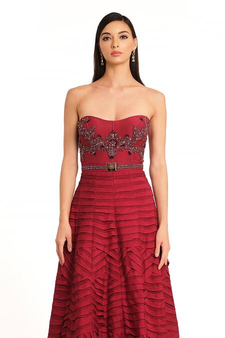 Rocky Star Red Net, Silk Embroidery, Sequins Sweetheart Neck Frill Layered Gown Online at Aza Fashions Rocky Star_Red Net, Silk Embroidery, Sequins Sweetheart Neck Frill Layered Gown_Online_at_Aza_Fashions