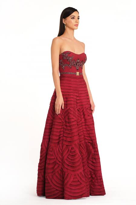 Shop Rocky Star Red Net, Silk Embroidery, Sequins Sweetheart Neck Frill Layered Gown Online at Aza Fashions Shop_Rocky Star_Red Net, Silk Embroidery, Sequins Sweetheart Neck Frill Layered Gown_Online_at_Aza_Fashions