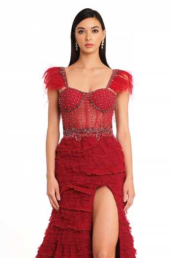 Rocky Star Red Net Sequins, Stones, Beads Sweetheart Neck Frill Layered Fish Cut Gown Online at Aza Fashions Rocky Star_Red Net Sequins, Stones, Beads Sweetheart Neck Frill Layered Fish Cut Gown_Online_at_Aza_Fashions