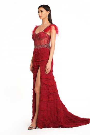 Buy Rocky Star Red Net Sequins, Stones, Beads Sweetheart Neck Frill Layered Fish Cut Gown Online at Aza Fashions Buy_Rocky Star_Red Net Sequins, Stones, Beads Sweetheart Neck Frill Layered Fish Cut Gown_Online_at_Aza_Fashions