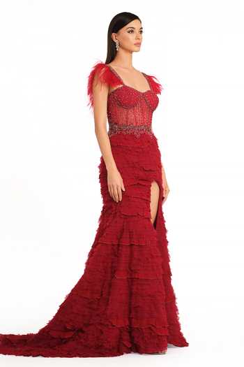 Shop Rocky Star Red Net Sequins, Stones, Beads Sweetheart Neck Frill Layered Fish Cut Gown Online at Aza Fashions Shop_Rocky Star_Red Net Sequins, Stones, Beads Sweetheart Neck Frill Layered Fish Cut Gown_Online_at_Aza_Fashions