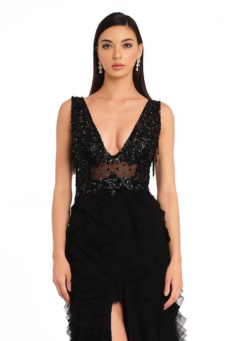 Rocky Star Black Net Beads Plunge Neck Frill High Slit Trail Gown Online at Aza Fashions Rocky Star_Black Net Beads Plunge Neck Frill High Slit Trail Gown _Online_at_Aza_Fashions