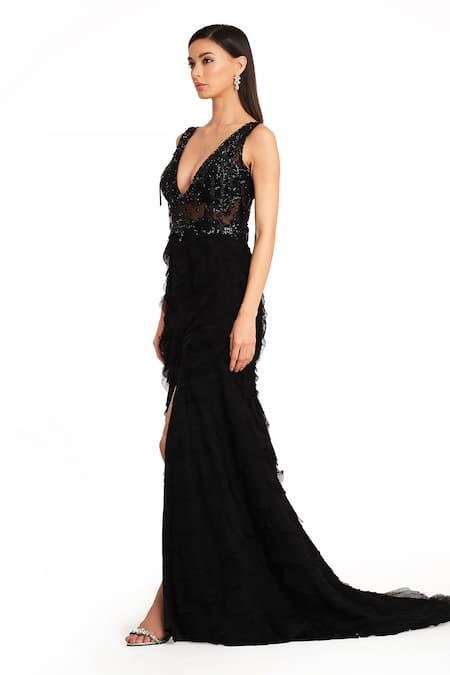 Buy Rocky Star Black Net Beads Plunge Neck Frill High Slit Trail Gown Online at Aza Fashions Buy_Rocky Star_Black Net Beads Plunge Neck Frill High Slit Trail Gown _Online_at_Aza_Fashions