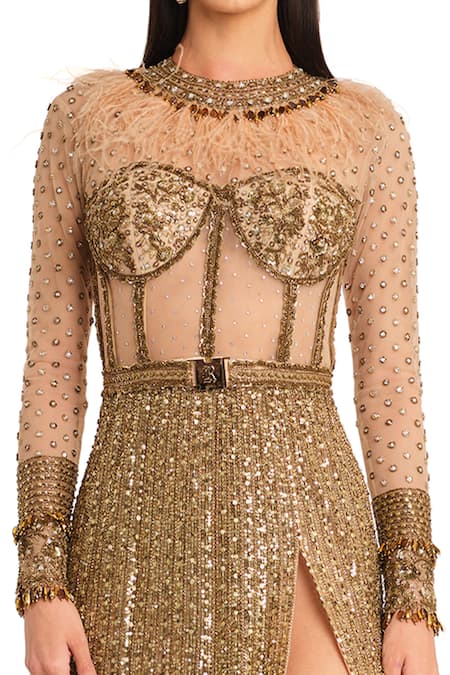 Rocky Star_Gold Net Beads, Sequins, Feathers High Neck Embroidered Slit Gown_Online_at_Aza_Fashions