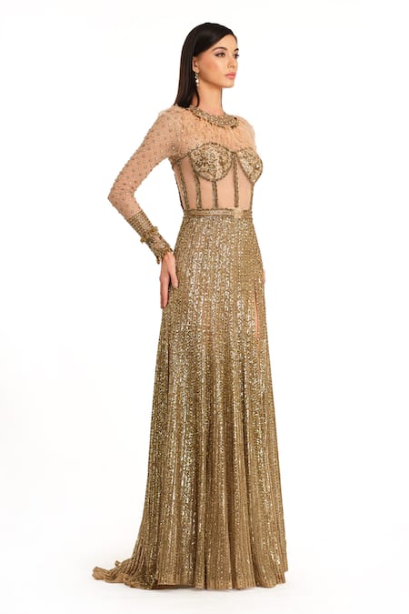 Shop_Rocky Star_Gold Net Beads, Sequins, Feathers High Neck Embroidered Slit Gown_Online_at_Aza_Fashions