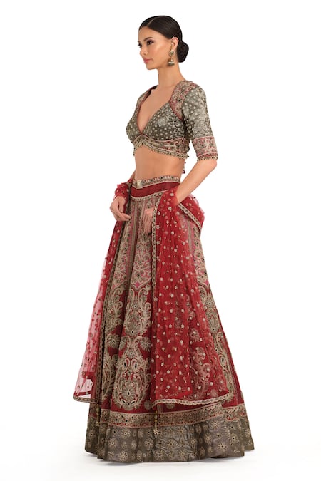 Rocky Star Red Brocade, Chiffon Beads, Embroidery, Paisley Woven Bridal Lehenga Set Online at Aza Fashions Rocky Star_Red Brocade, Chiffon Beads, Embroidery, Paisley Woven Bridal Lehenga Set _Online_at_Aza_Fashions