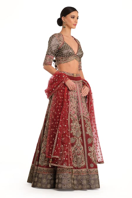 Buy Rocky Star Red Brocade, Chiffon Beads, Embroidery, Paisley Woven Bridal Lehenga Set Online at Aza Fashions Buy_Rocky Star_Red Brocade, Chiffon Beads, Embroidery, Paisley Woven Bridal Lehenga Set _Online_at_Aza_Fashions
