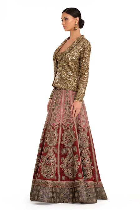 Gold bridal Lehenga with red shawl – Ricco India