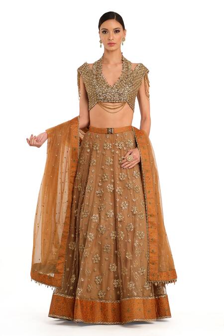 Buy Rocky Star Orange Tissue Sequins, Embroidery Halter Neck Lehenga Set at Aza Fashions Buy_Rocky Star_Orange Tissue Sequins, Embroidery Halter Neck Lehenga Set_at_Aza_Fashions