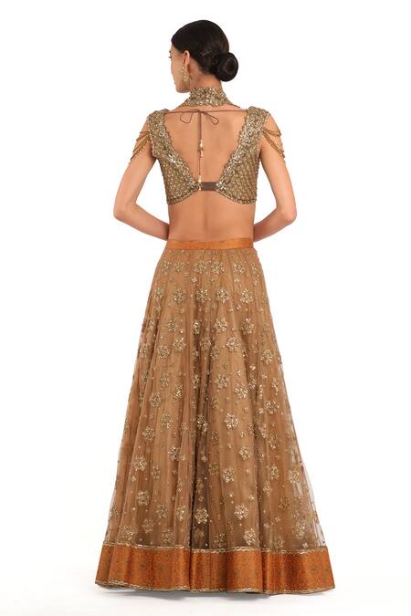 Shop Rocky Star Orange Tissue Sequins, Embroidery Halter Neck Lehenga Set at Aza Fashions Shop_Rocky Star_Orange Tissue Sequins, Embroidery Halter Neck Lehenga Set_at_Aza_Fashions