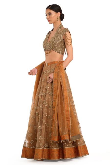 Rocky Star Orange Tissue Sequins, Embroidery Halter Neck Lehenga Set Online at Aza Fashions Rocky Star_Orange Tissue Sequins, Embroidery Halter Neck Lehenga Set_Online_at_Aza_Fashions