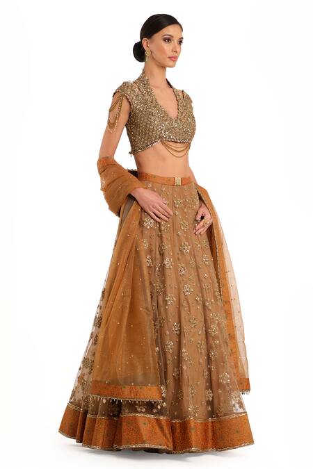 Buy Rocky Star Orange Tissue Sequins, Embroidery Halter Neck Lehenga Set Online at Aza Fashions Buy_Rocky Star_Orange Tissue Sequins, Embroidery Halter Neck Lehenga Set_Online_at_Aza_Fashions