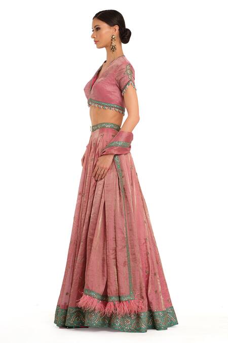 Rocky Star_Pink Tissue Beads, Feathers, Sequins, Embroidery V-neck Placement Lehenga Set_Online_at_Aza_Fashions
