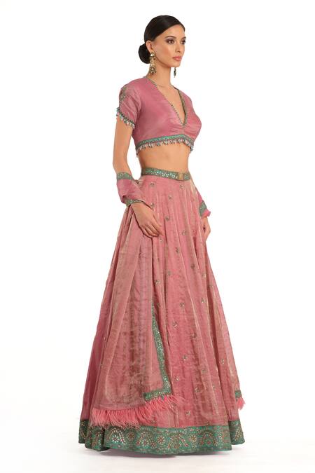 Buy_Rocky Star_Pink Tissue Beads, Feathers, Sequins, Embroidery V-neck Placement Lehenga Set_Online_at_Aza_Fashions