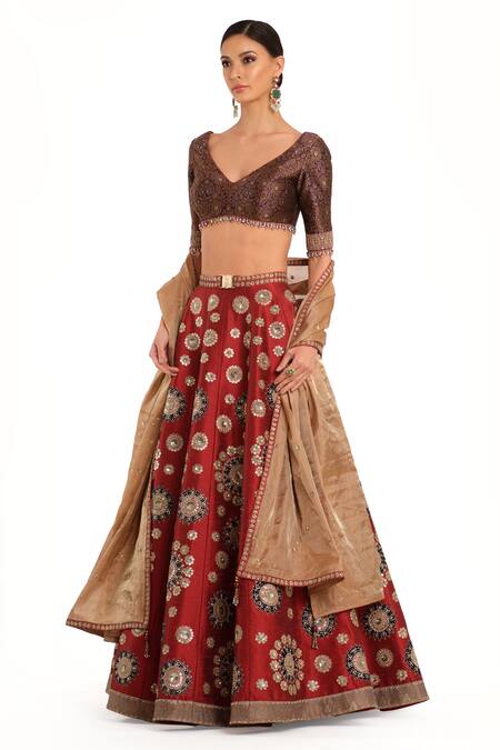 Rocky Star_Brown Silk Beads V-neck Floral Embroidered Lehenga Set_Online_at_Aza_Fashions